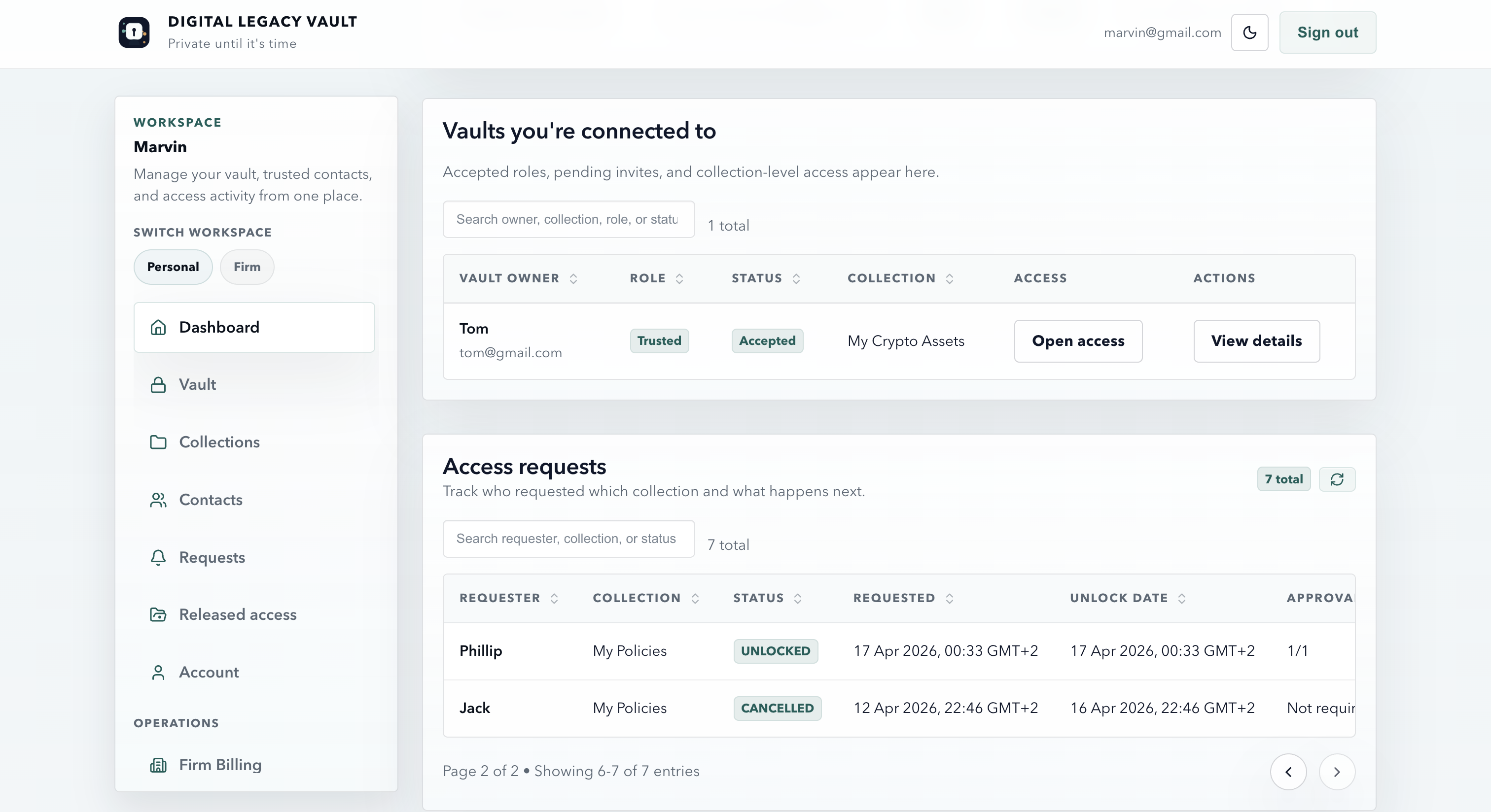 Access tracking view showing connected vaults and access request status.