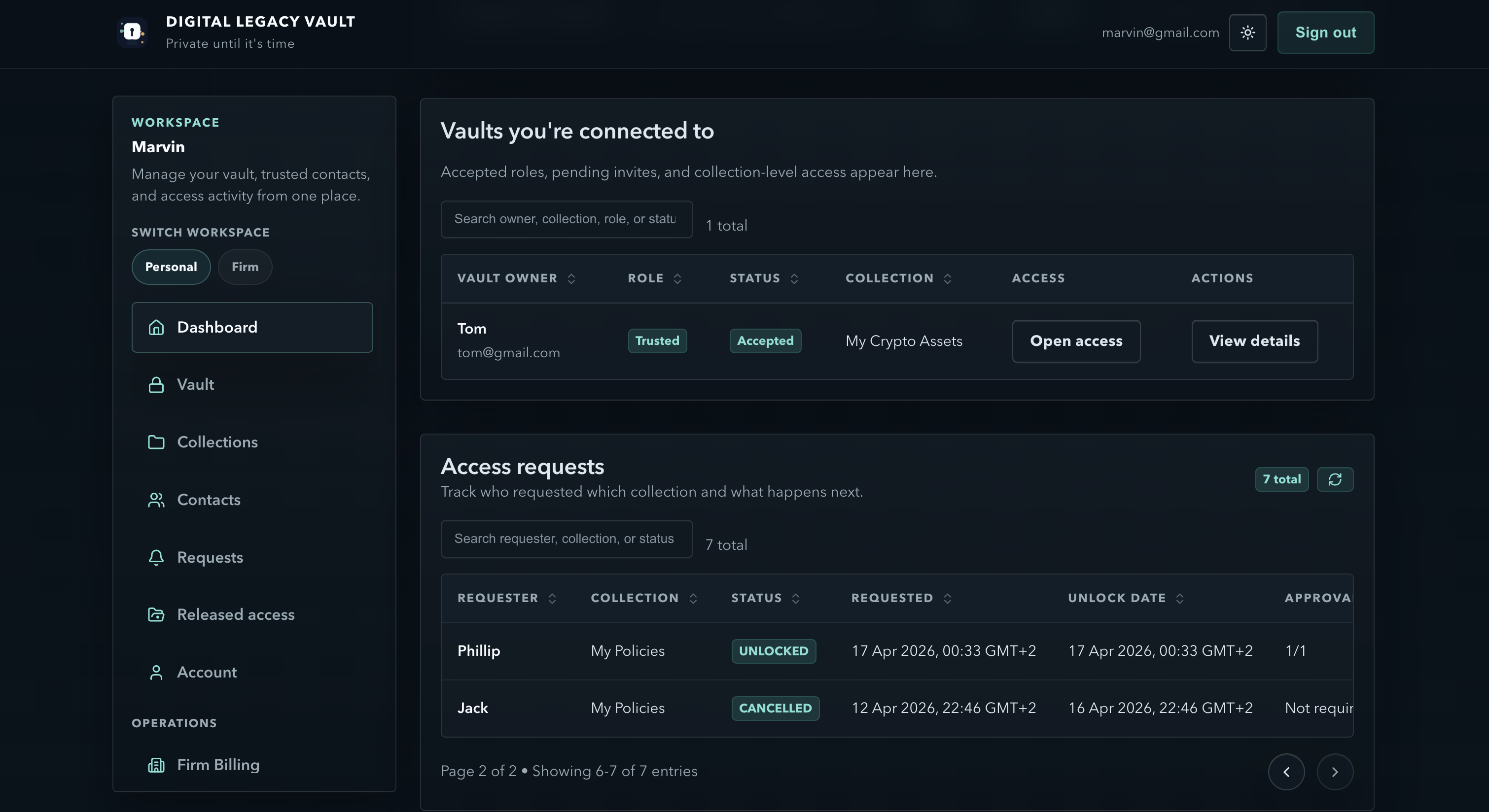 Access tracking view showing connected vaults and access request status.